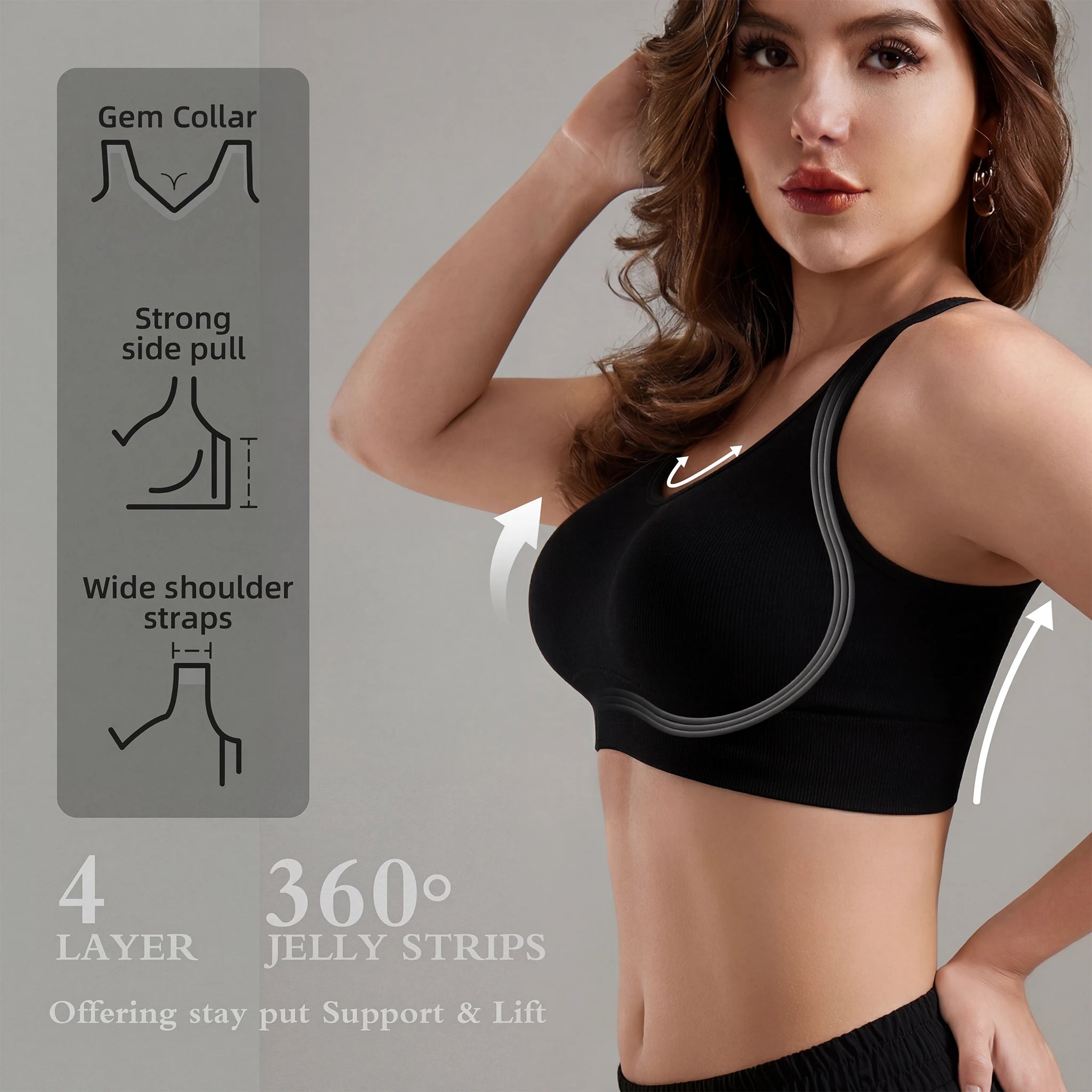 Jelly Bras for Women No Underwire, Plus Size Full Coverage Deep V Supportive Seamless Tshirt Bra, Adjustable Straps Lift (NY01-Black)