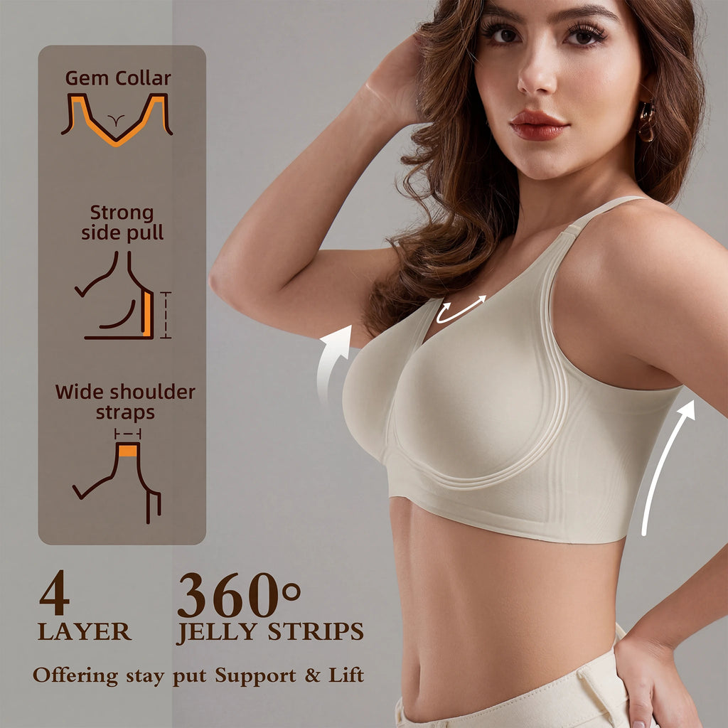 Jelly Bras for Women No Underwire, Plus Size Full Coverage Deep V Supportive Seamless Tshirt Bra, Adjustable Straps Lift (NY01-White)