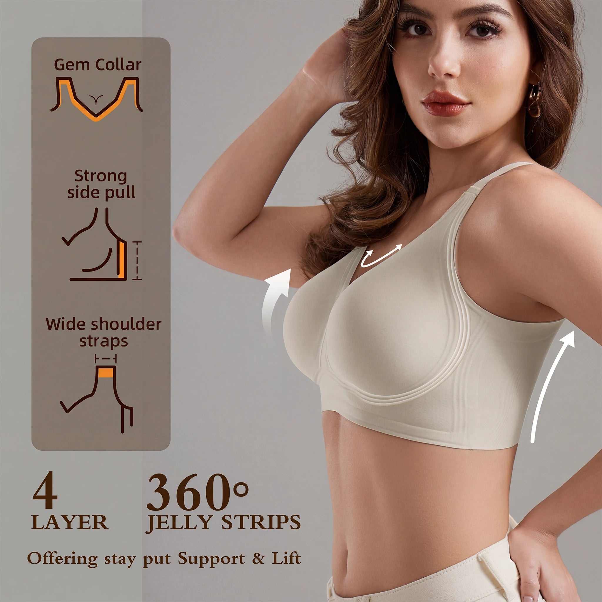 Jelly Bras for Women No Underwire, Plus Size Full Coverage Deep V Supportive Seamless Tshirt Bra, Adjustable Straps Lift (NY01-White)