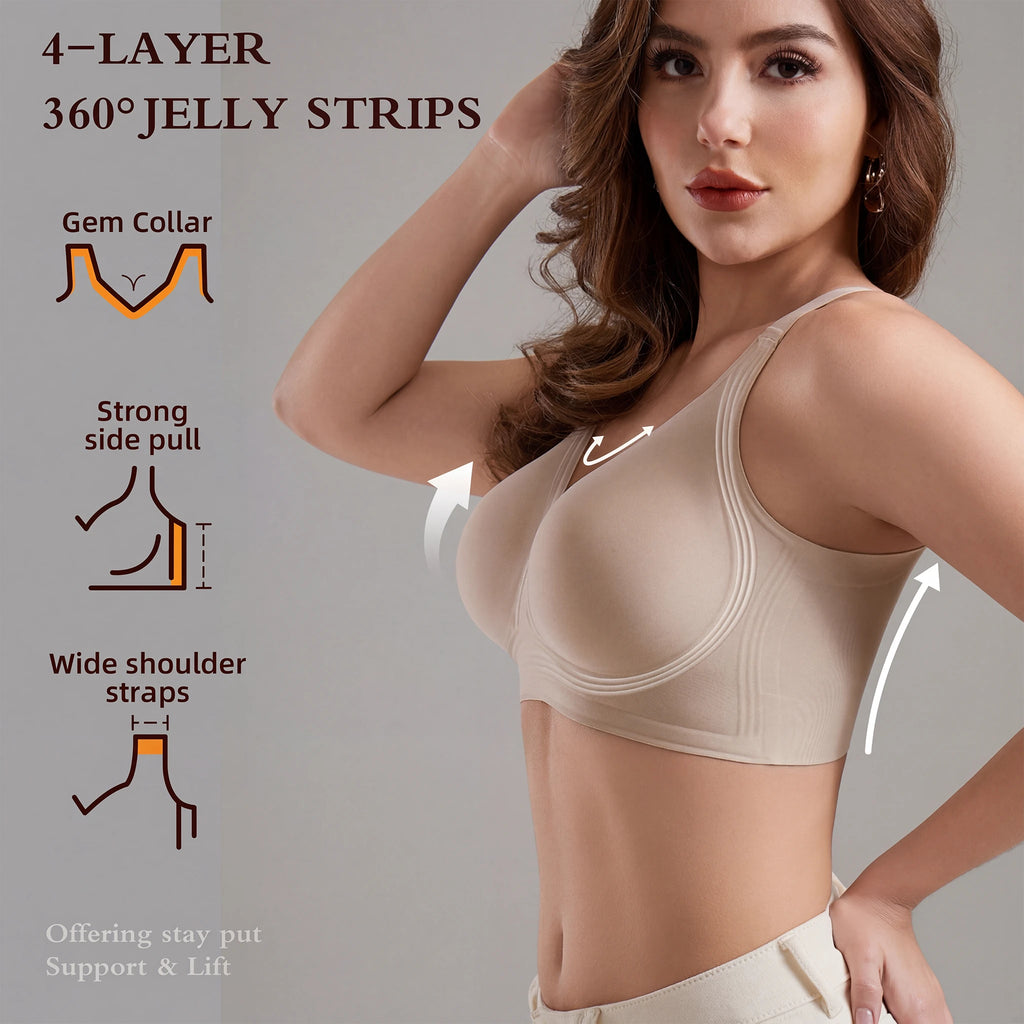 Jelly Bras for Women No Underwire, Plus Size Full Coverage Deep V Supportive Seamless Tshirt Bra, Adjustable Straps Lift (NY01-Nude)