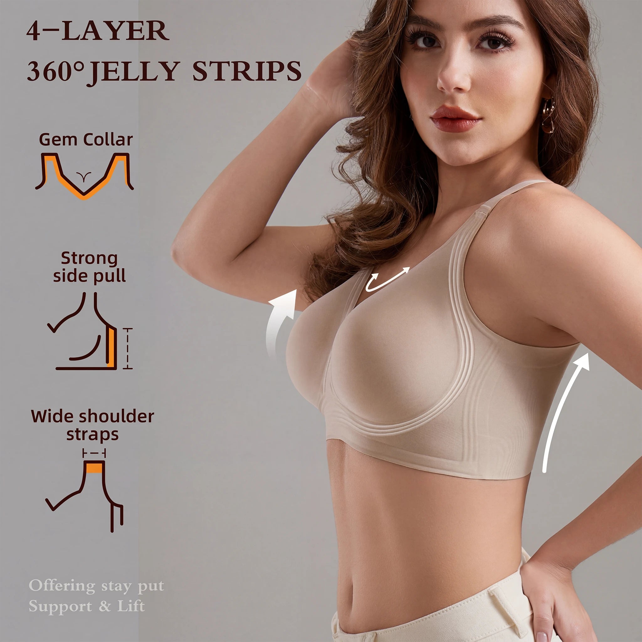 Jelly Bras for Women No Underwire, Plus Size Full Coverage Deep V Supportive Seamless Tshirt Bra, Adjustable Straps Lift (NY01-Nude)