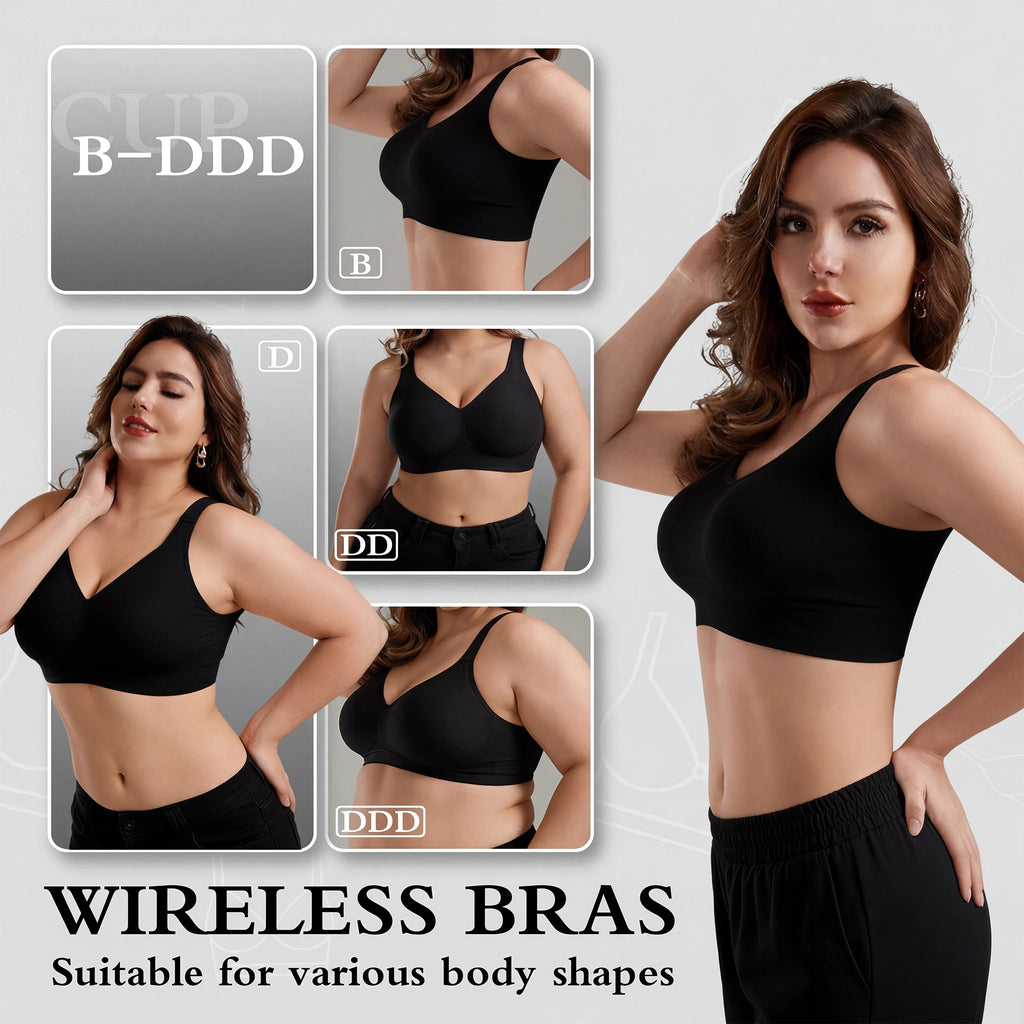 Jelly Bras for Women No Underwire, Plus Size Full Coverage Deep V Supportive Seamless Tshirt Bra, Adjustable Straps Lift (NY01-Black)