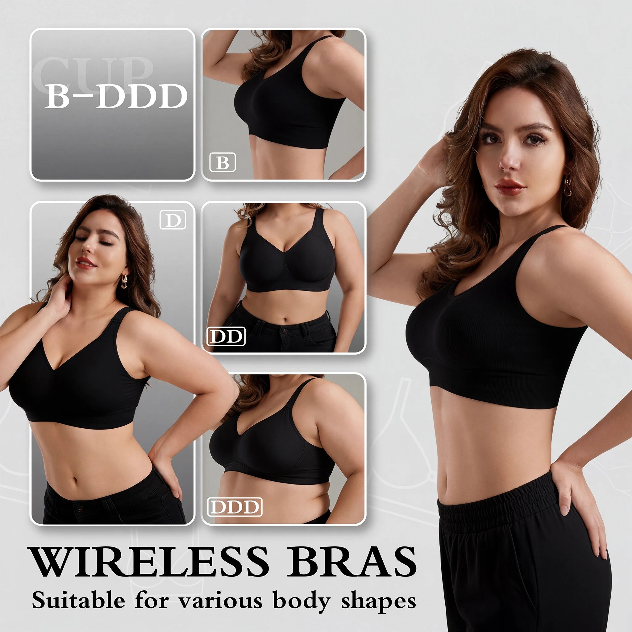 Jelly Bras for Women No Underwire, Plus Size Full Coverage Deep V Supportive Seamless Tshirt Bra, Adjustable Straps Lift (NY01-Black)