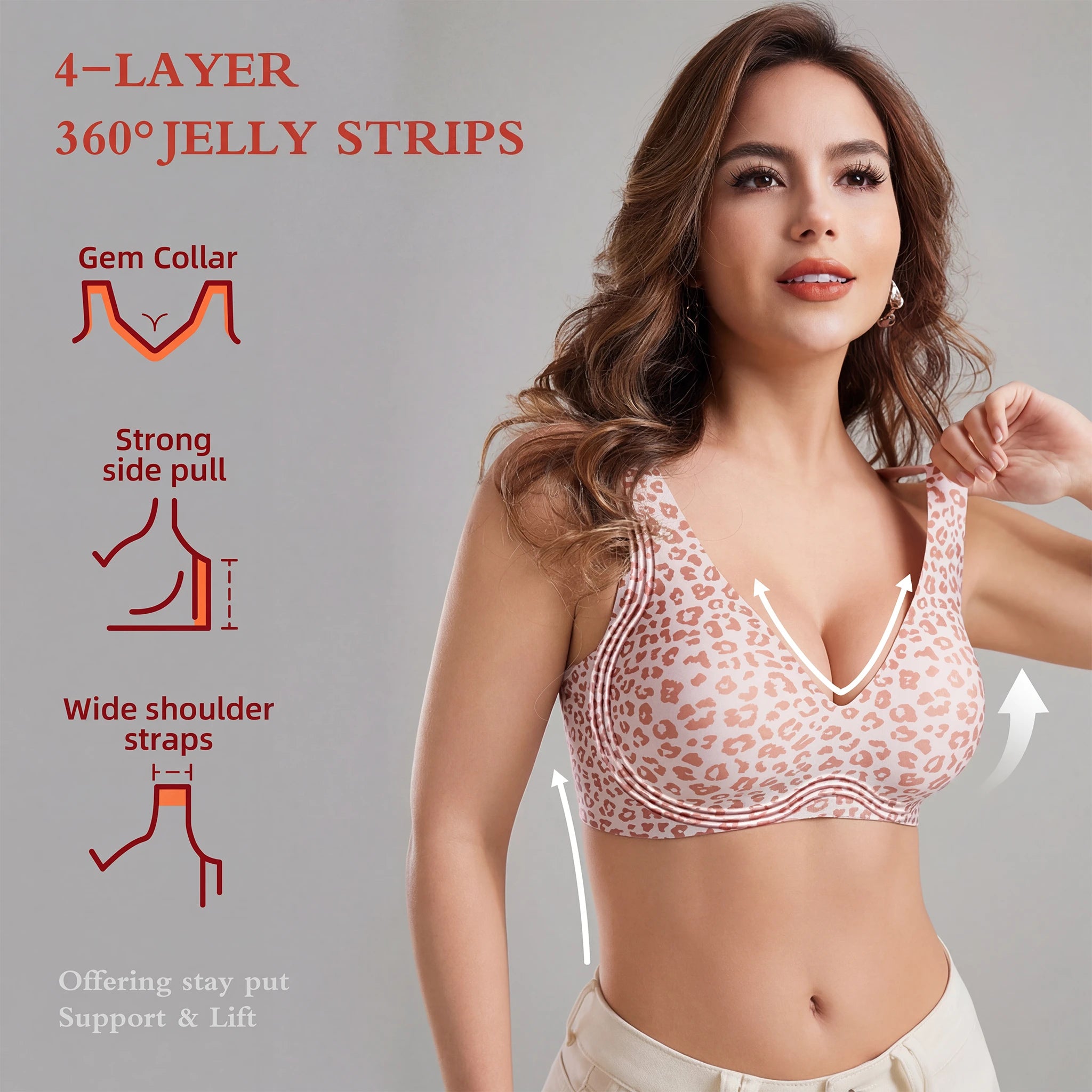 Stylish Leopard Print Jelly Bras for Women No Underwire, Deep V Full Coverage Seamless Supportive Everyday Bra (NY02-Pink)