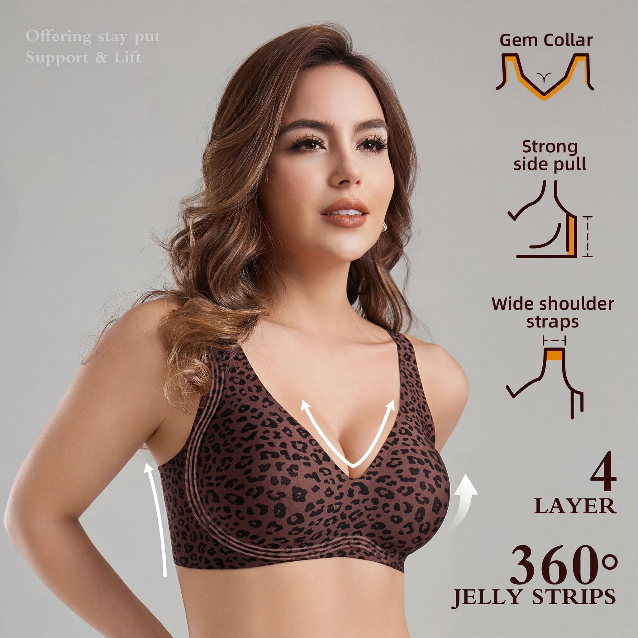 Stylish Leopard Print Jelly Bras for Women No Underwire, Deep V Full Coverage Seamless Supportive Everyday Bra (NY02-Brown)