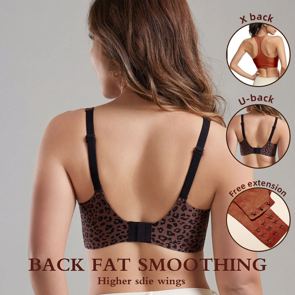 Stylish Leopard Print Jelly Bras for Women No Underwire, Deep V Full Coverage Seamless Supportive Everyday Bra (NY02-Brown)