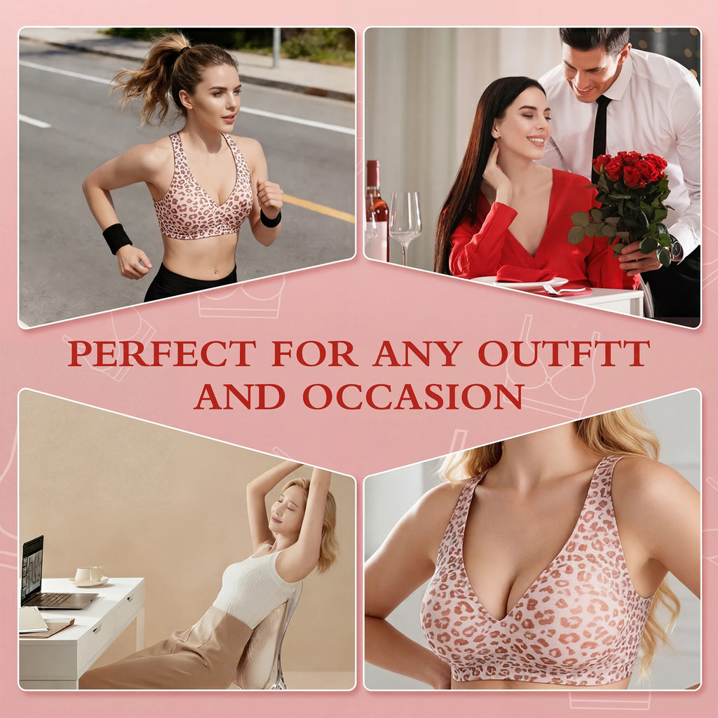 Stylish Leopard Print Jelly Bras for Women No Underwire, Deep V Full Coverage Seamless Supportive Everyday Bra (NY02-Pink)