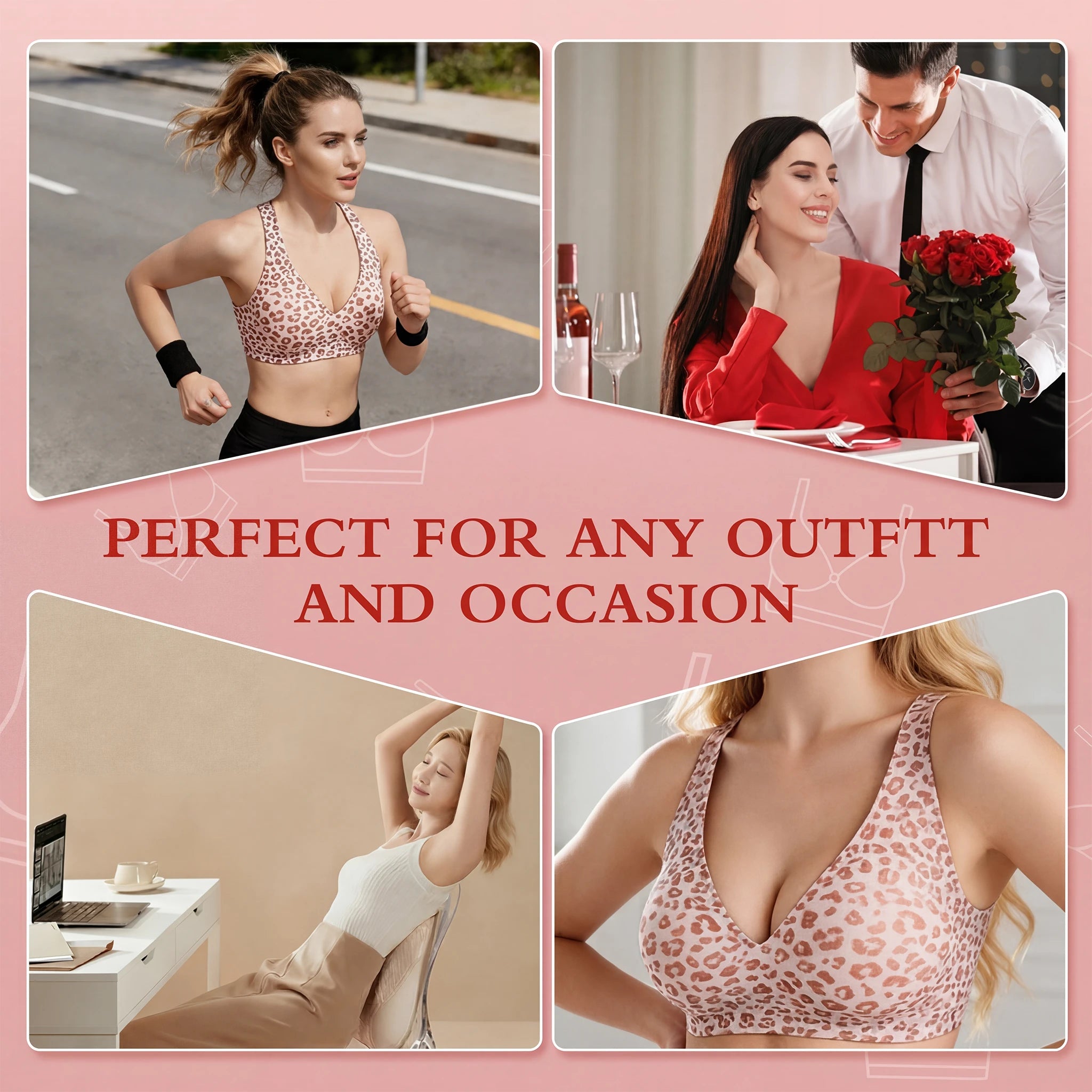 Stylish Leopard Print Jelly Bras for Women No Underwire, Deep V Full Coverage Seamless Supportive Everyday Bra (NY02-Pink)