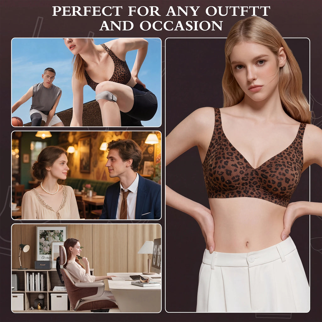 Stylish Leopard Print Jelly Bras for Women No Underwire, Deep V Full Coverage Seamless Supportive Everyday Bra (NY02-Brown)