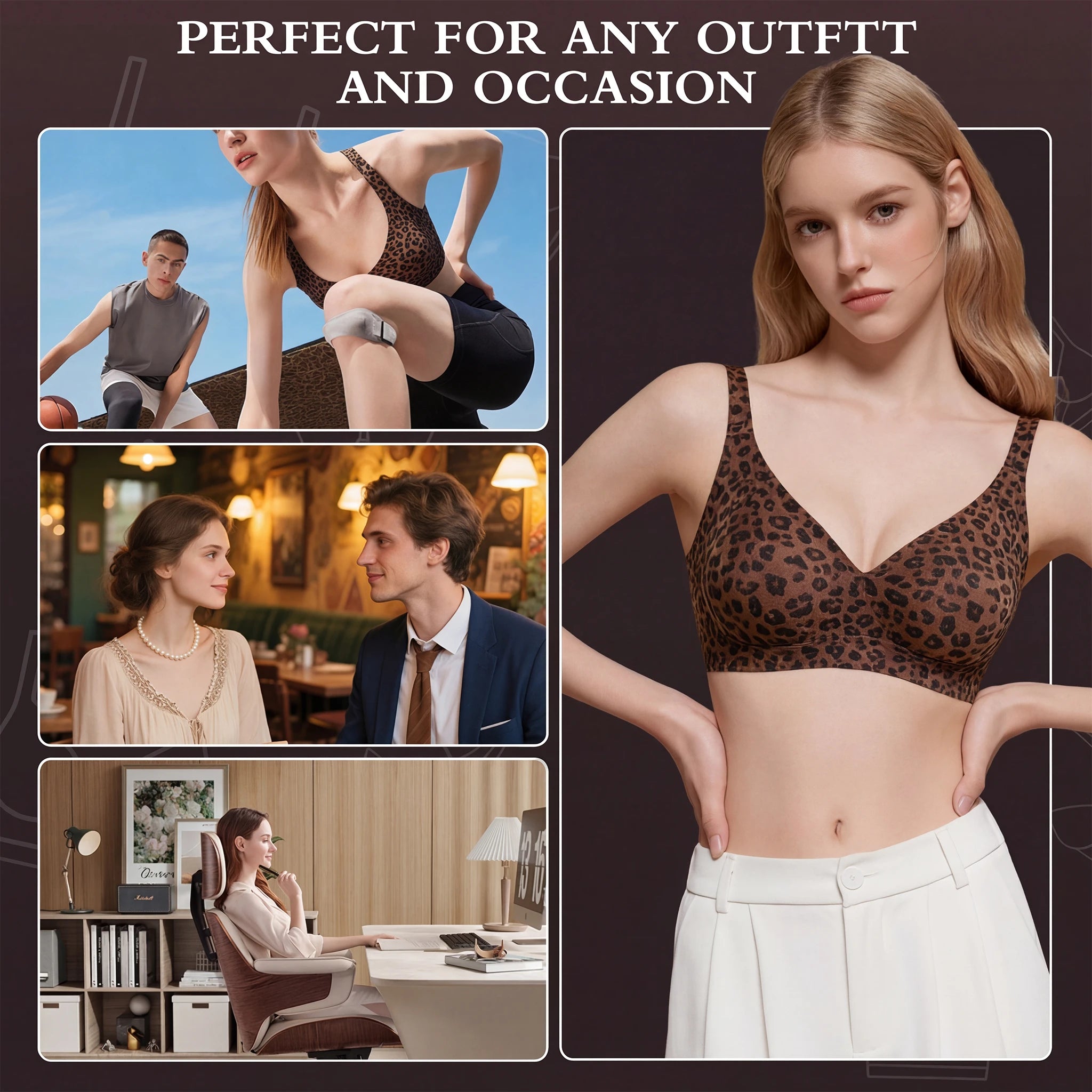 Stylish Leopard Print Jelly Bras for Women No Underwire, Deep V Full Coverage Seamless Supportive Everyday Bra (NY02-Brown)