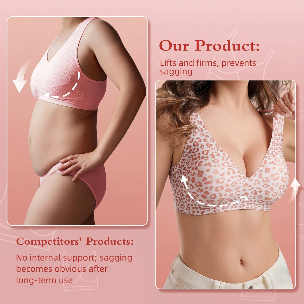 Stylish Leopard Print Jelly Bras for Women No Underwire, Deep V Full Coverage Seamless Supportive Everyday Bra (NY02-Pink)