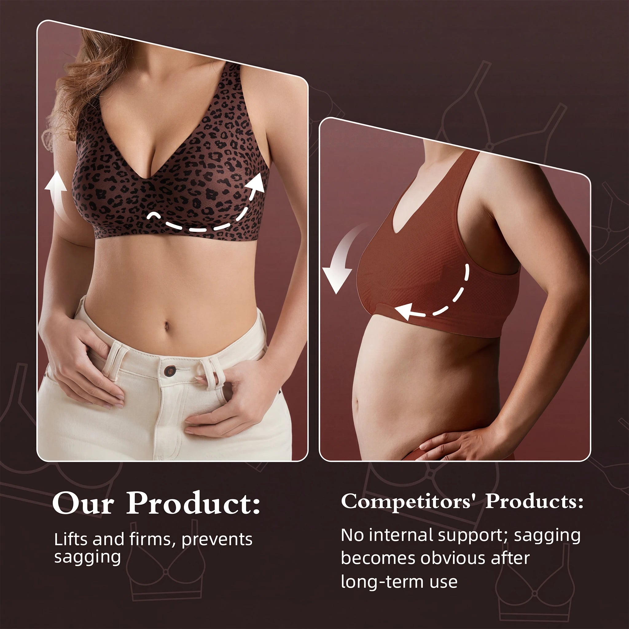 Stylish Leopard Print Jelly Bras for Women No Underwire, Deep V Full Coverage Seamless Supportive Everyday Bra (NY02-Brown)