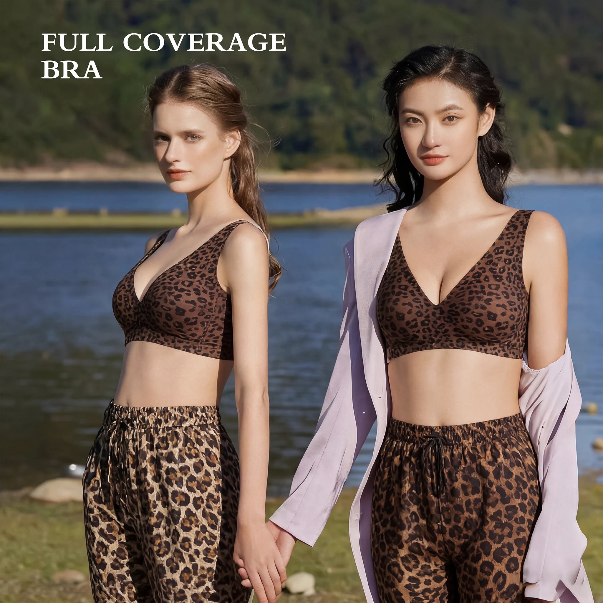 Stylish Leopard Print Jelly Bras for Women No Underwire, Deep V Full Coverage Seamless Supportive Everyday Bra (NY02-Brown)