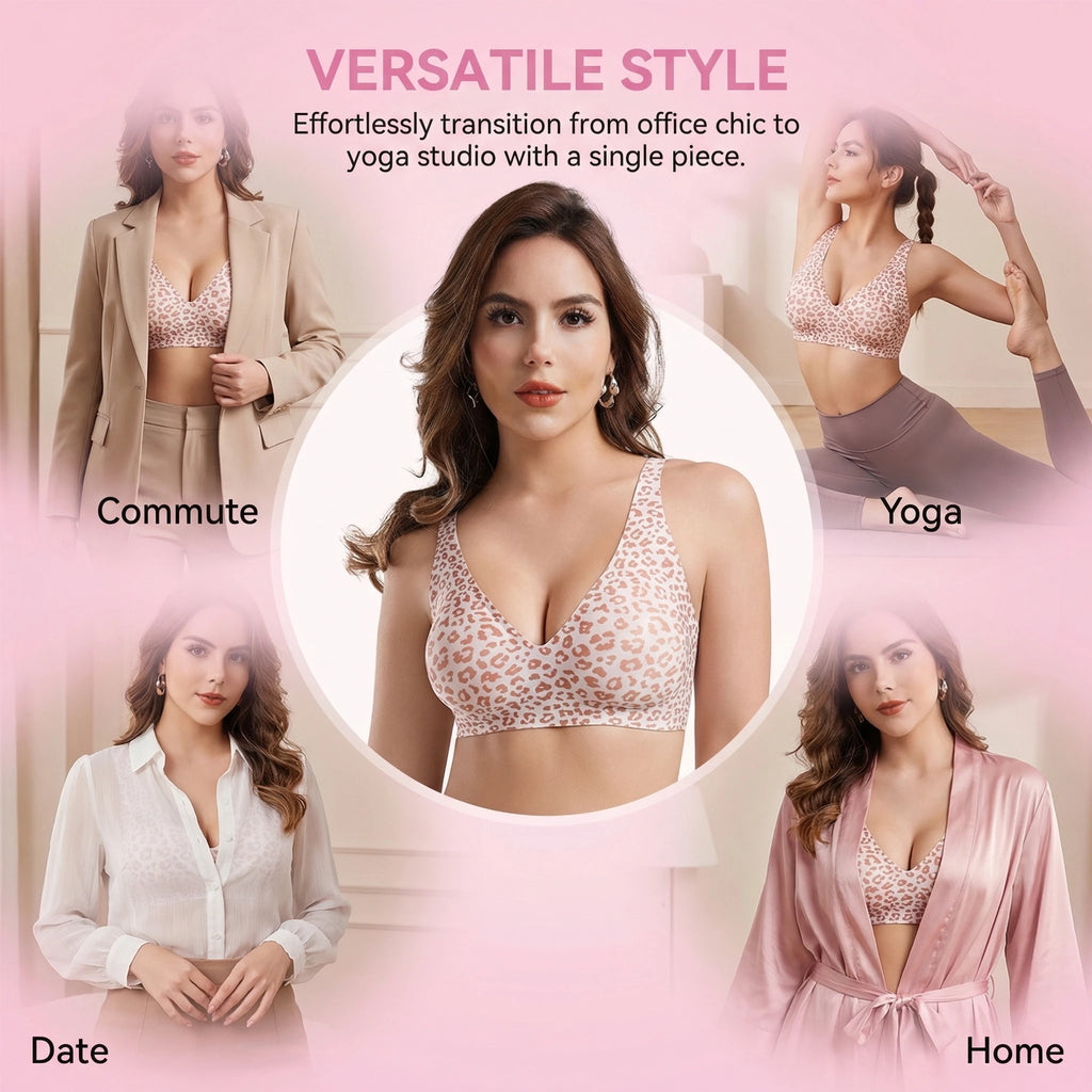 Stylish Leopard Print Jelly Bras for Women No Underwire, Deep V Full Coverage Seamless Supportive Everyday Bra (NY02-Pink)