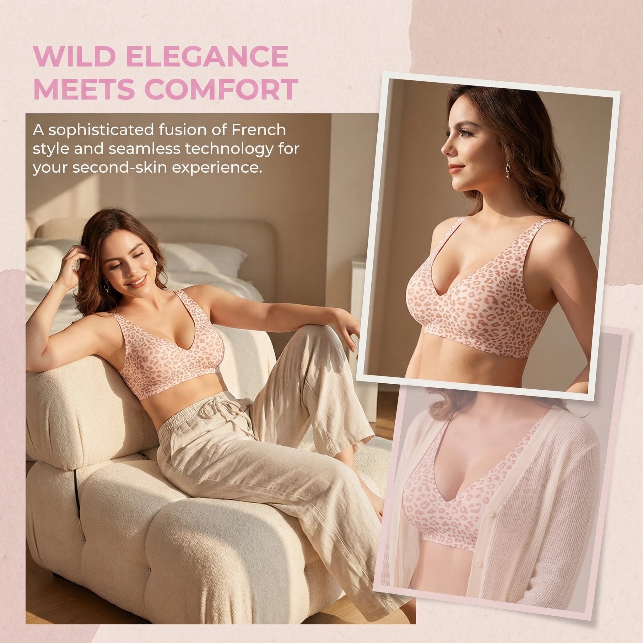 Stylish Leopard Print Jelly Bras for Women No Underwire, Deep V Full Coverage Seamless Supportive Everyday Bra (NY02-Pink)